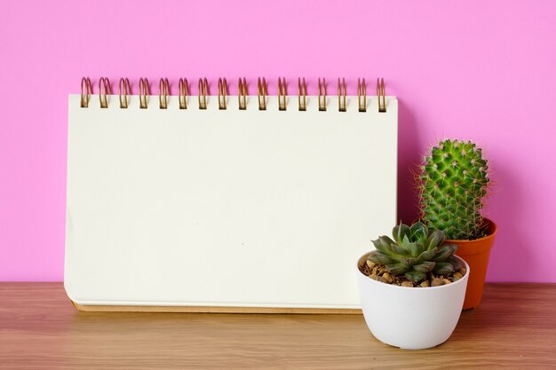 Cactus, plantas suculentas y papel de cuaderno en blanco sobre mesa de madera