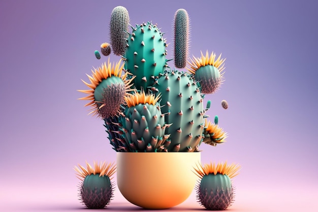 Un cactus con púas en una olla y un fondo morado.