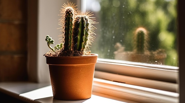 Un cactus se sienta en el alféizar de una ventana junto a un libro.