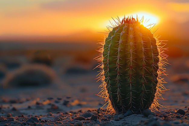 un cactus con el sol poniéndose detrás de él