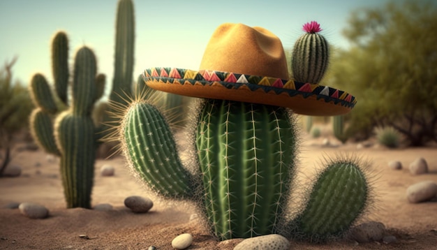 Un cactus con sombrero en el desierto