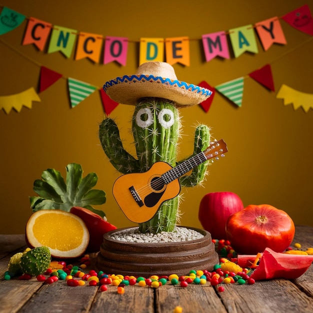 Un cactus con un sombrero de paja y una guitarra en una mesa con frutas y verduras un cactus Con una paja h