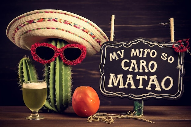 Un cactus con un sombrero de paja y vasos de jugo junto a un cartel que dice mi seuss