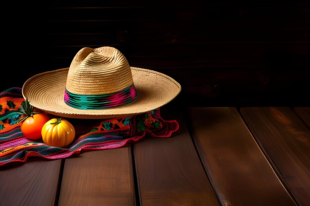 Foto cactus y un sombrero sobre fondo de madera con copyspace