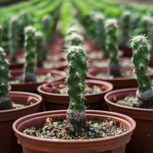 Foto cactus sprout gymnocalycium que crece a partir de la siembra en material de siembra en ollas de plástico