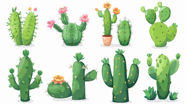 Foto cactus suculentas y plantas del desierto aisladas sobre fondo blanco conjunto moderno de cactus espinosos verdes con flores y picos cactaceae cactus iconos para plantas de interior y jardines