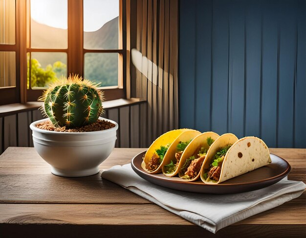 Foto cactus y tacos en la mesa de madera