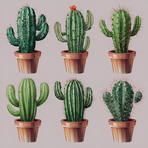 Foto cactus vectorial en ollas dibujos animados exóticos plantas suculentas en ollas de flores planta decorativa del desierto