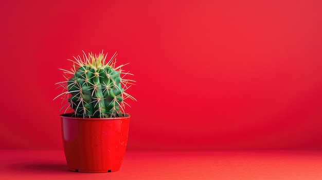 Cactus verde brilhante em uma panela vermelha contra um fundo vermelho