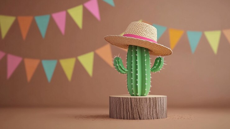 Foto cactus verde com um chapéu de palha e uma bandeira com moderno belo pódio e fundo laranja