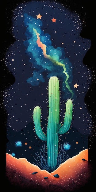 Un cactus verde está en medio de un cielo nocturno.