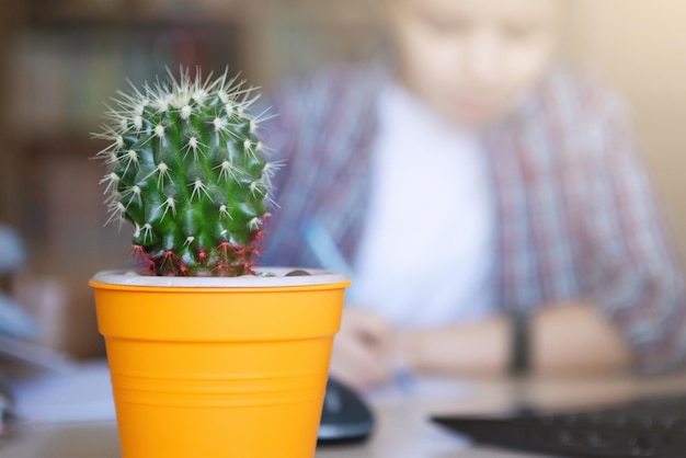 Cactus verde en una maceta de flores sobre la mesa del niño Entrenamiento en casa sobre cuarentena de coronavirus Enfoque selectivo Fondo borroso