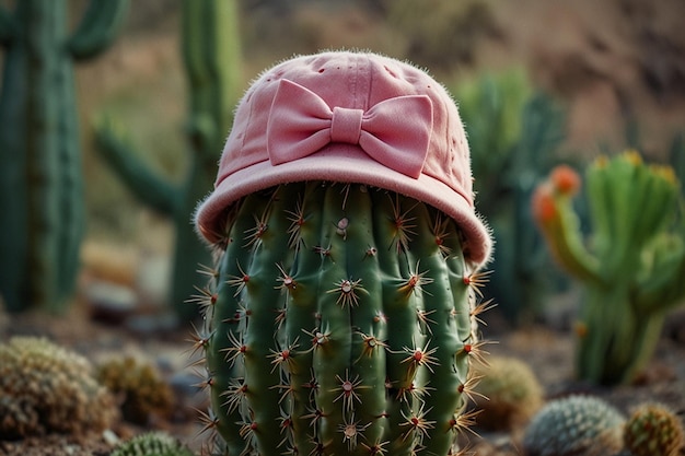 Foto un cactus verde con un sombrero rosa y un lazo rosa en la cabeza