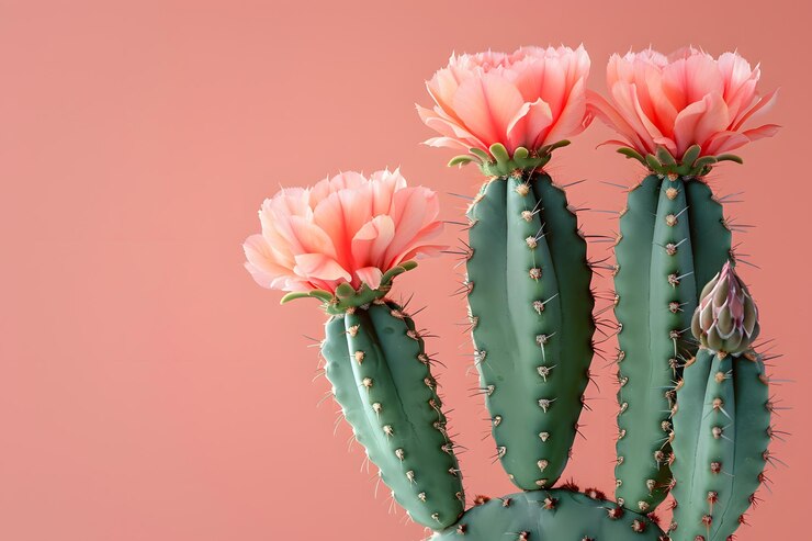 Un cactus vibrante florece contra un fondo rosado suave