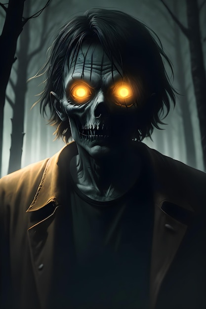 Cadáver zombie en el concepto de Halloween del bosque oscuro