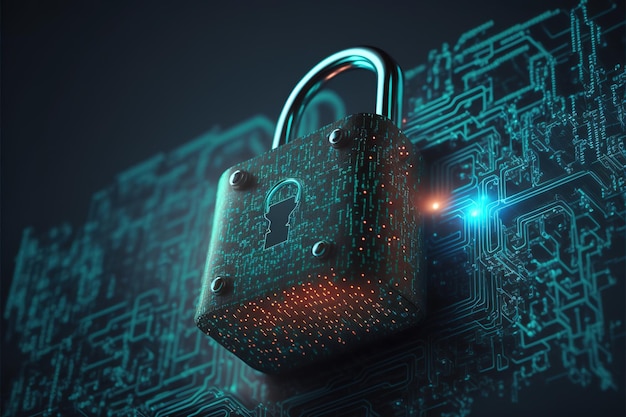 Cadeado de segurança cibernética, bloqueio digital em fundo de proteção de dados de rede de tecnologia