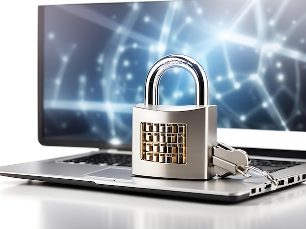 Cadeado digital na frente de um laptop como conceito de segurança cibernética e proteção de dadosAi