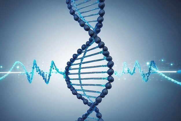 Cadeia de DNA azul gerada digitalmente com linha ECG 3d