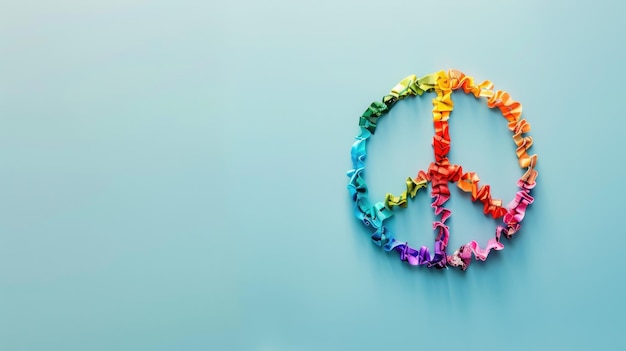 Cadeia de papel colorida formando um símbolo de paz em fundo azul