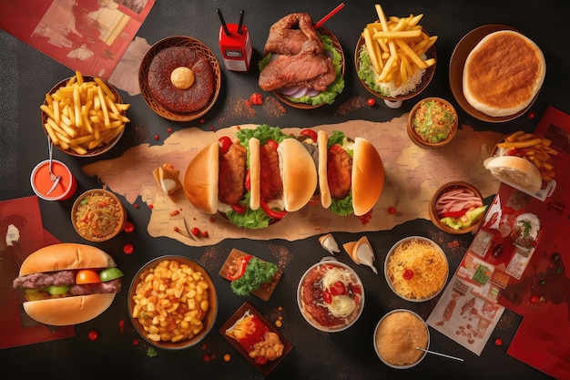 Cadeia internacional de fast food apresentando seu cardápio variado com pratos do mundo todo