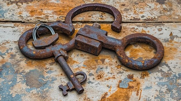 Cadeias velhas enferrujadas com chave de cadeado e algema aberto usadas para trancar prisioneiros ou escravos