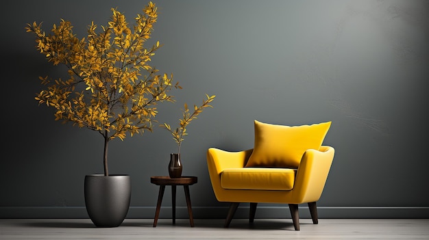 cadeira amarela brilhante na sala de estar moderna vazia no estilo da marinha escura e fundo cinza escuro