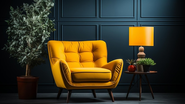 cadeira amarela em um quarto escuro com uma planta e lâmpada generativa ai