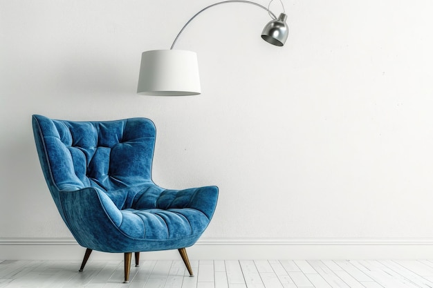 Foto cadeira azul há lâmpada moderna perto da cadeira design interior de fundo branco estilo bruto ar 32 jo