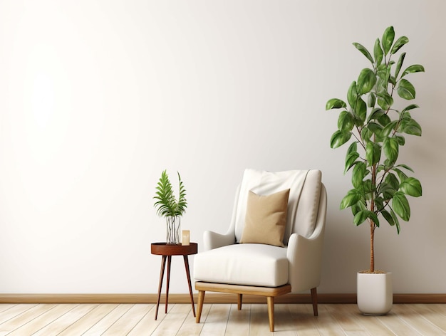 Cadeira branca e árvore na sala de estar minimal interior parede branca com espaço de cópia