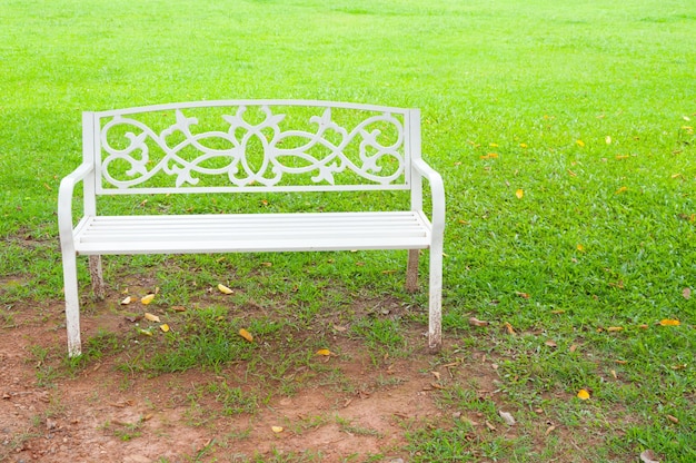 Cadeira branca no fundo da grama verde do jardim