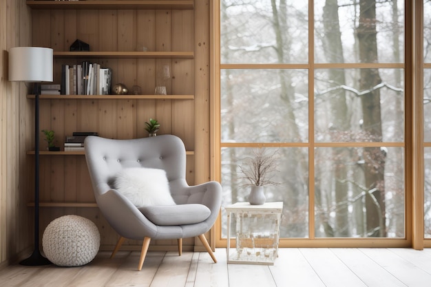 Cadeira contra a janela perto da parede de painéis de madeira