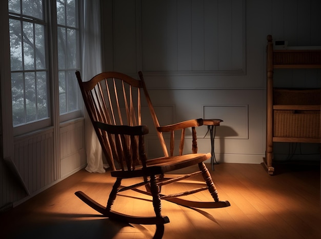 Cadeira de balanço numa sala com luz fraca