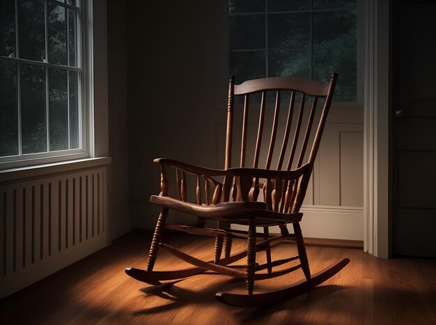 Cadeira de balanço numa sala com luz fraca