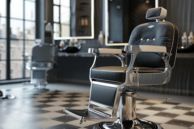 Cadeira de barbeiro elegante em um salão moderno com cromo