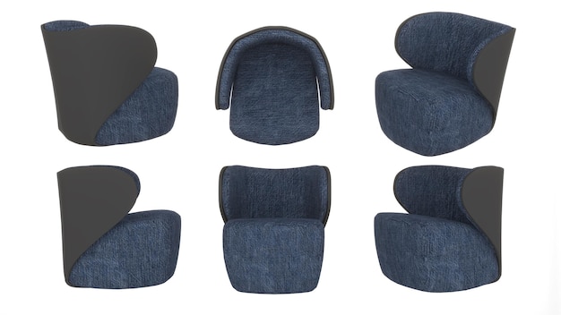 Cadeira de braço de pano azul sobre fundo branco, vista superior, lado, renderização em 3d