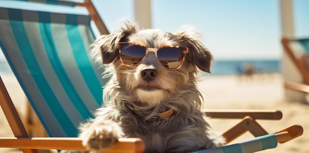 Cadeira de cão engraçada, animal de estimação, verão, férias preguiçosas, relaxamento, óculos de sol de praia, IA generativa.