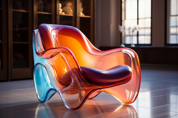 cadeira de cores brilhantes em uma sala com uma janela e uma estátua generativa ai