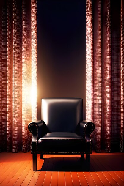 cadeira de couro surrealista fotorrealista em uma sala escura e cortinas geradas por ai