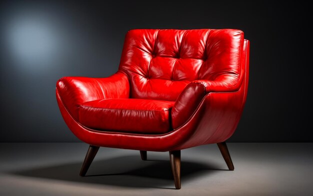Cadeira de couro vermelha com pernas de madeira na frente de fundo preto