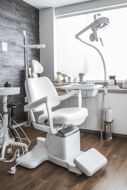 Cadeira de dentista branca com equipamento em segundo plano criado com generative ai