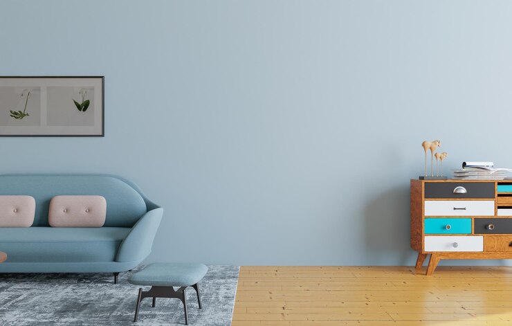 Foto cadeira de design de parede de maquete e plantas com renderização em 3d de espaço de cópia de parede azul