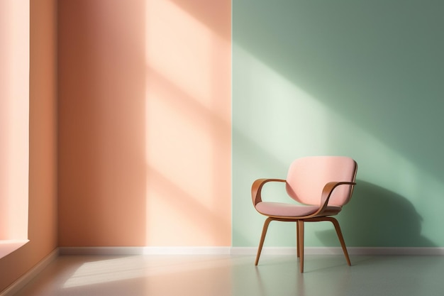 Cadeira de destaque minimalista com foto em frente à parede em tons pastéis claros