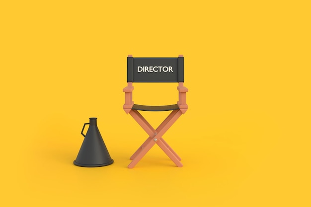 Cadeira de diretor e megafone em fundo amarelo conceito de indústria cinematográfica produção de cinema renderização 3D