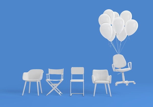 Cadeira de escritório anexada a balões Desenvolvimento de carreira e conceito de sucesso 3D Rendering