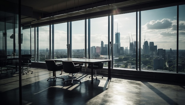 Cadeira de escritório moderna no horizonte urbano olhando através de uma janela de vidro gerada por inteligência artificial