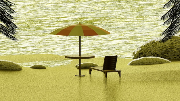 Cadeira de guarda-sol apreciando o céu amarelo com palmeiras em renderização 3d isométrica