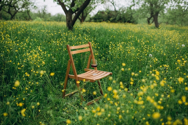 Cadeira de madeira ao ar livre Cadeira dobrável de madeira para relaxamento Em torno da grama exuberante e flores amarelas