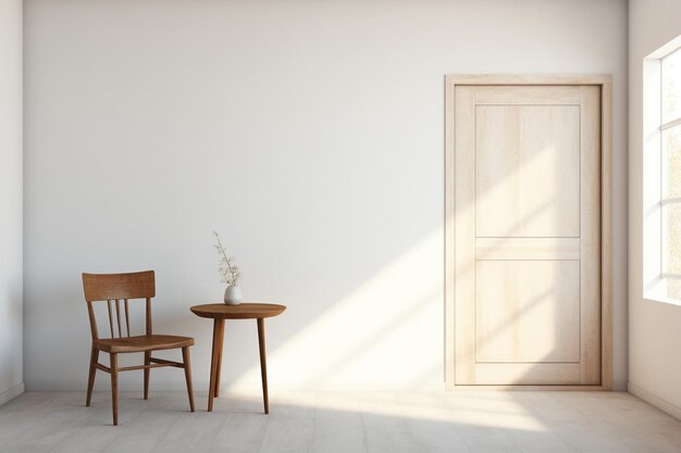 Cadeira de madeira e uma mesa em uma sala de paz branca atirado através de uma abertura de porta