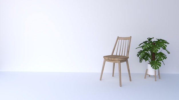 Cadeira de madeira em fundo branco e árvores verdes