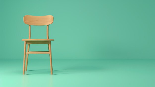 Cadeira de madeira simples em fundo verde A cadeira é feita de madeira clara e tem um design simples com um dorso curvo e quatro pernas